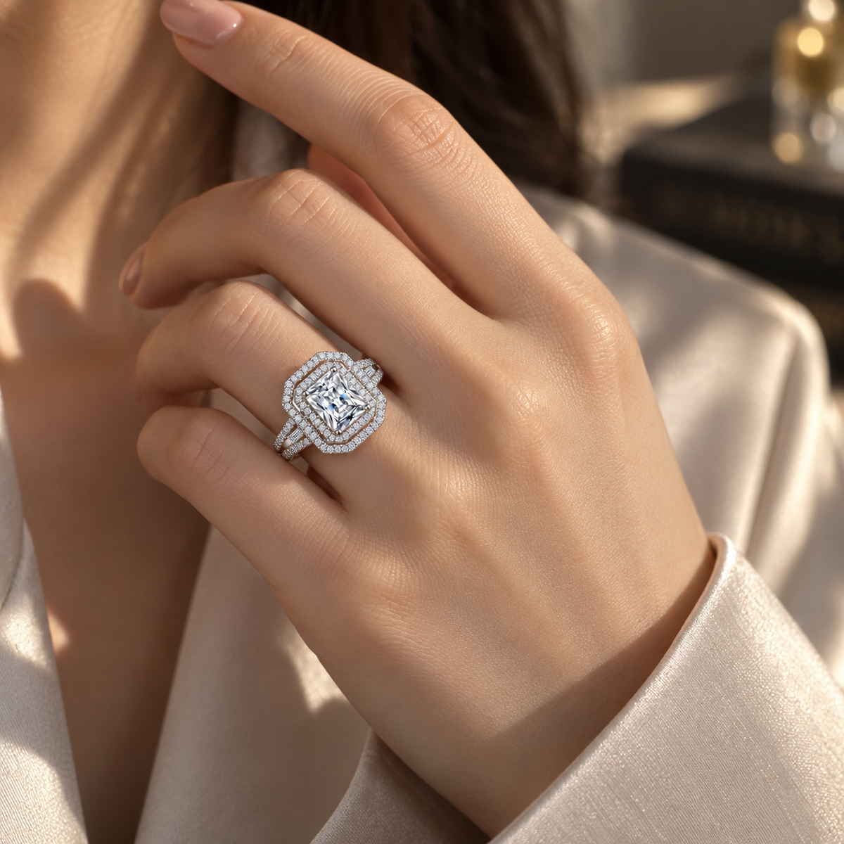 925 Sterling Silver Double Halo CZ Engagement Ring for Women – Baguette Side Stones & Pavé Band
