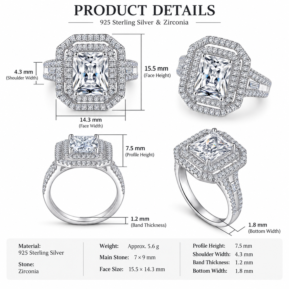 925 Sterling Silver Double Halo CZ Engagement Ring for Women – Baguette Side Stones & Pavé Band