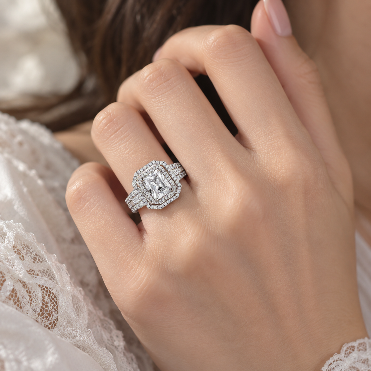 925 Sterling Silver Double Halo CZ Engagement Ring for Women – Baguette Side Stones & Pavé Band