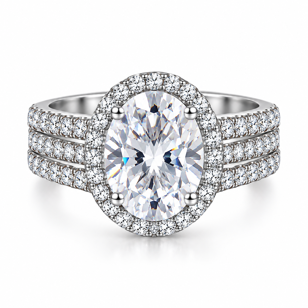 925 Sterling Silver Oval Cut Cubic Zirconia Halo Engagement Ring for Women – Classic Pavé Solitaire Style