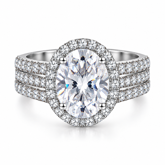 925 Sterling Silver Oval Cut Cubic Zirconia Halo Engagement Ring for Women – Classic Pavé Solitaire Style