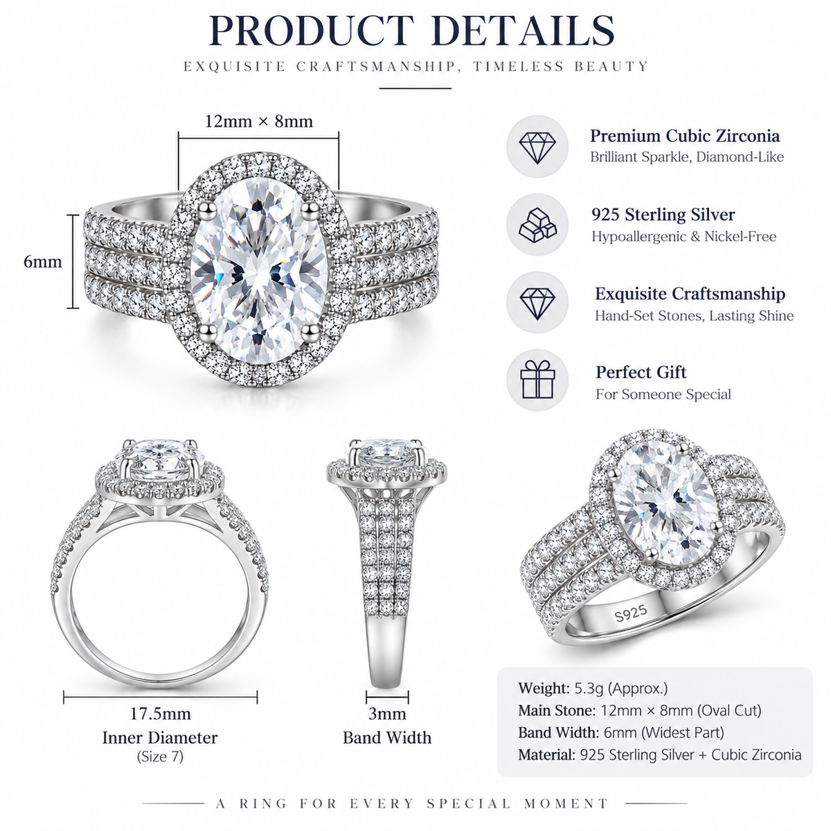 925 Sterling Silver Oval Cut Cubic Zirconia Halo Engagement Ring for Women – Classic Pavé Solitaire Style