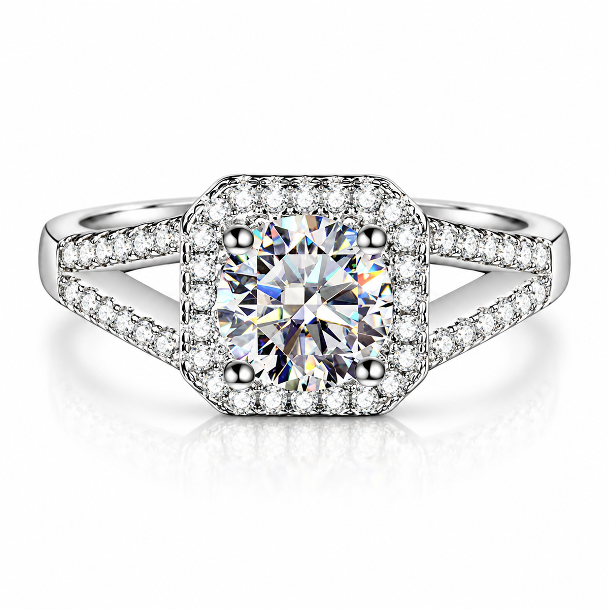 925 Sterling Silver Square Halo Cubic Zirconia Engagement Ring for Women – Princess Cut Style Split Shank Promise Ring
