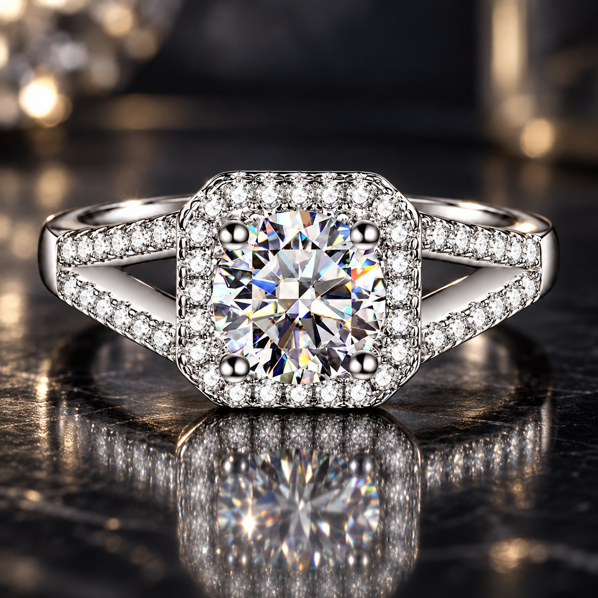 925 Sterling Silver Square Halo Cubic Zirconia Engagement Ring for Women – Princess Cut Style Split Shank Promise Ring