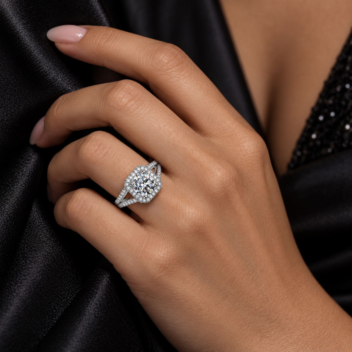 925 Sterling Silver Square Halo Cubic Zirconia Engagement Ring for Women – Princess Cut Style Split Shank Promise Ring