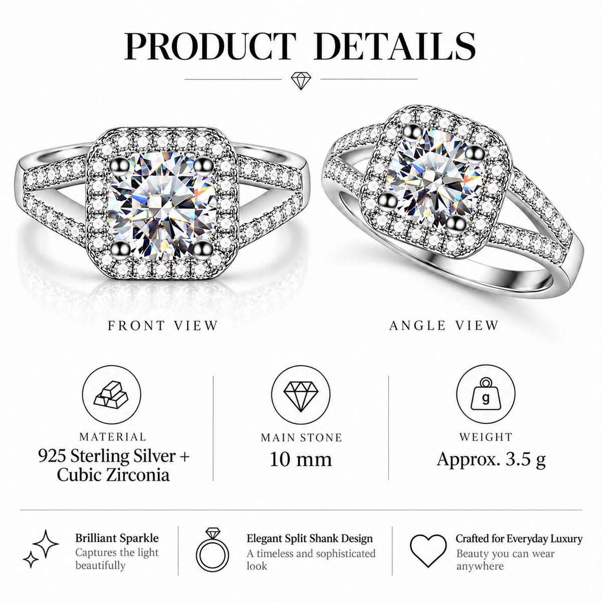925 Sterling Silver Square Halo Cubic Zirconia Engagement Ring for Women – Princess Cut Style Split Shank Promise Ring