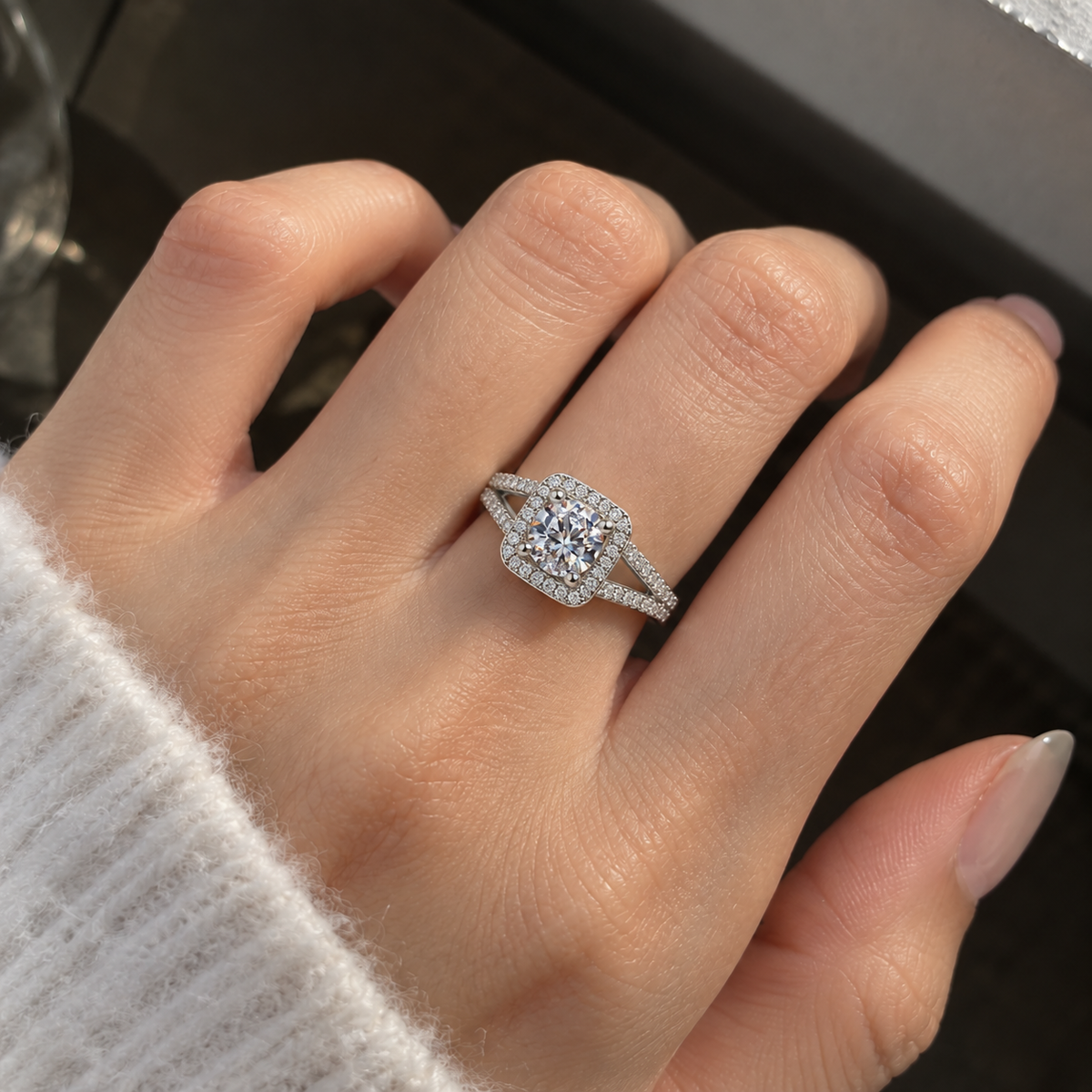 925 Sterling Silver Square Halo Cubic Zirconia Engagement Ring for Women – Princess Cut Style Split Shank Promise Ring