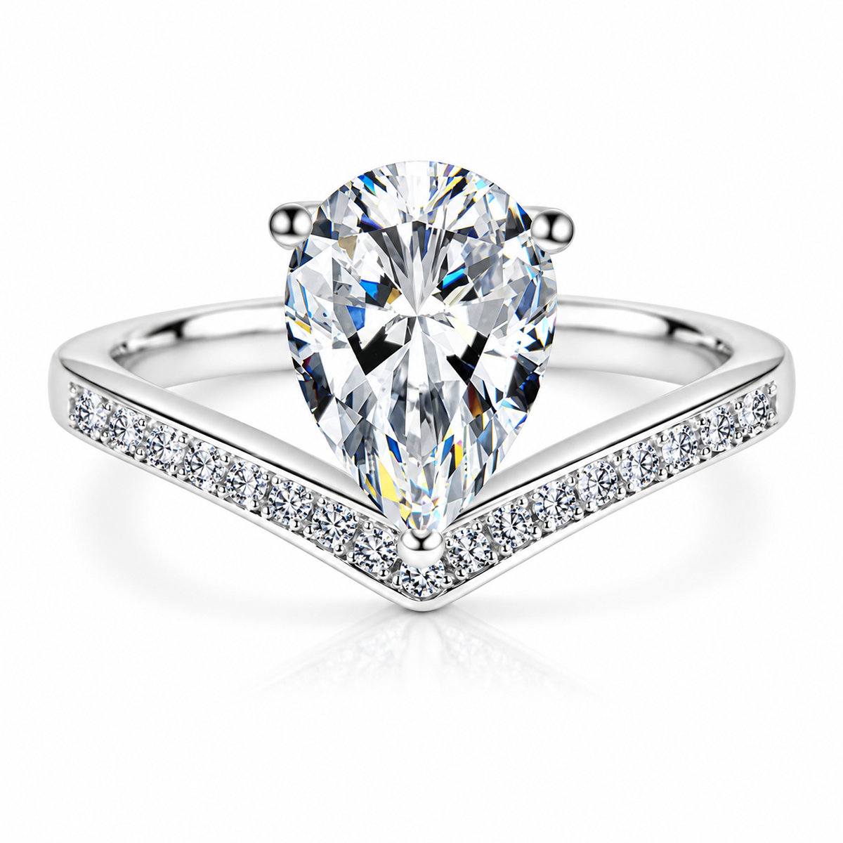 925 Sterling Silver Pear Cut Cubic Zirconia V-Shaped Engagement Ring for Women – Teardrop Halo Promise Ring