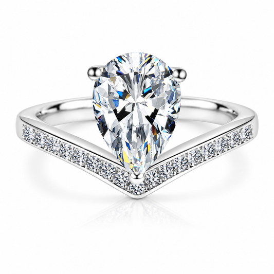 925 Sterling Silver Pear Cut Cubic Zirconia V-Shaped Engagement Ring for Women – Teardrop Halo Promise Ring