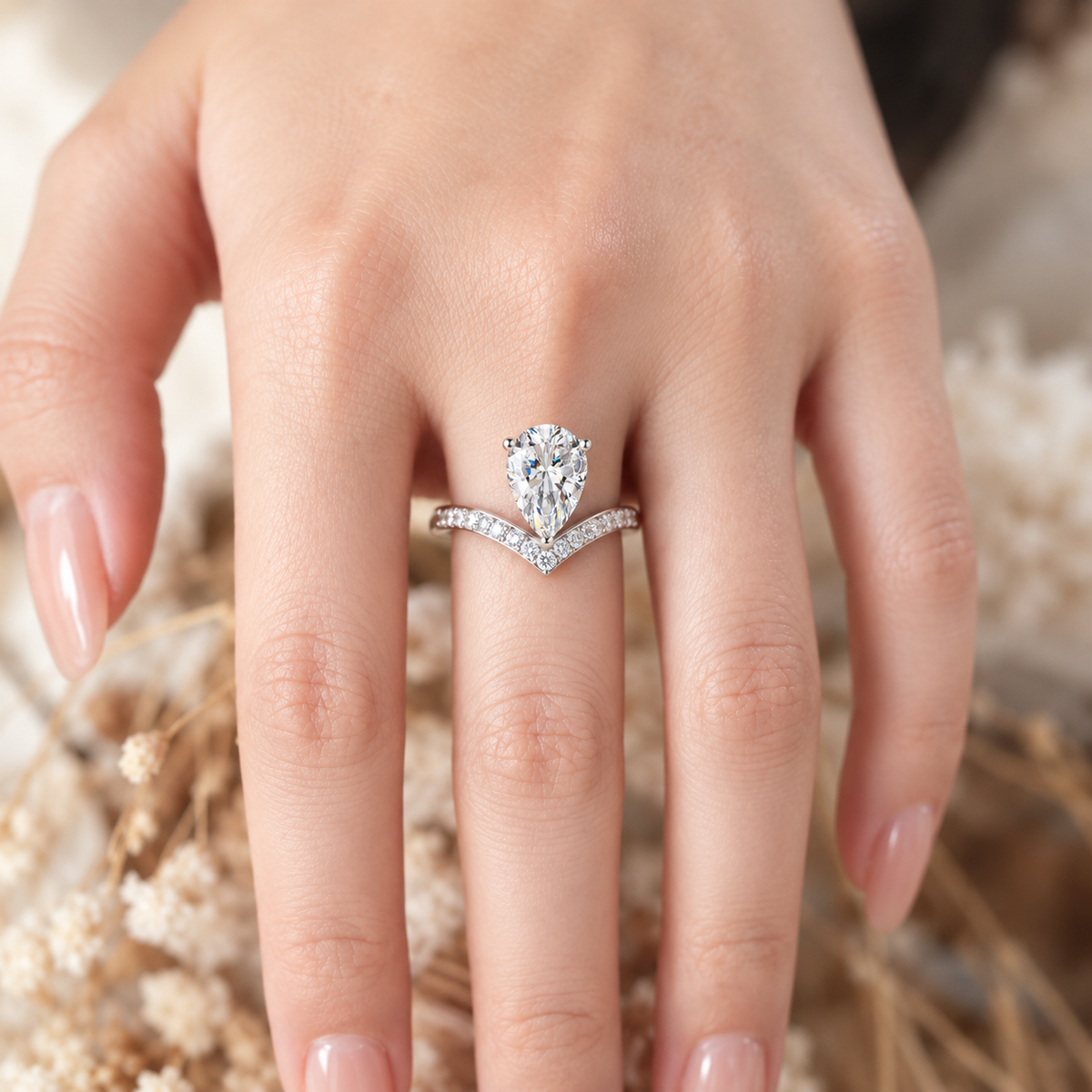 925 Sterling Silver Pear Cut Cubic Zirconia V-Shaped Engagement Ring for Women – Teardrop Halo Promise Ring