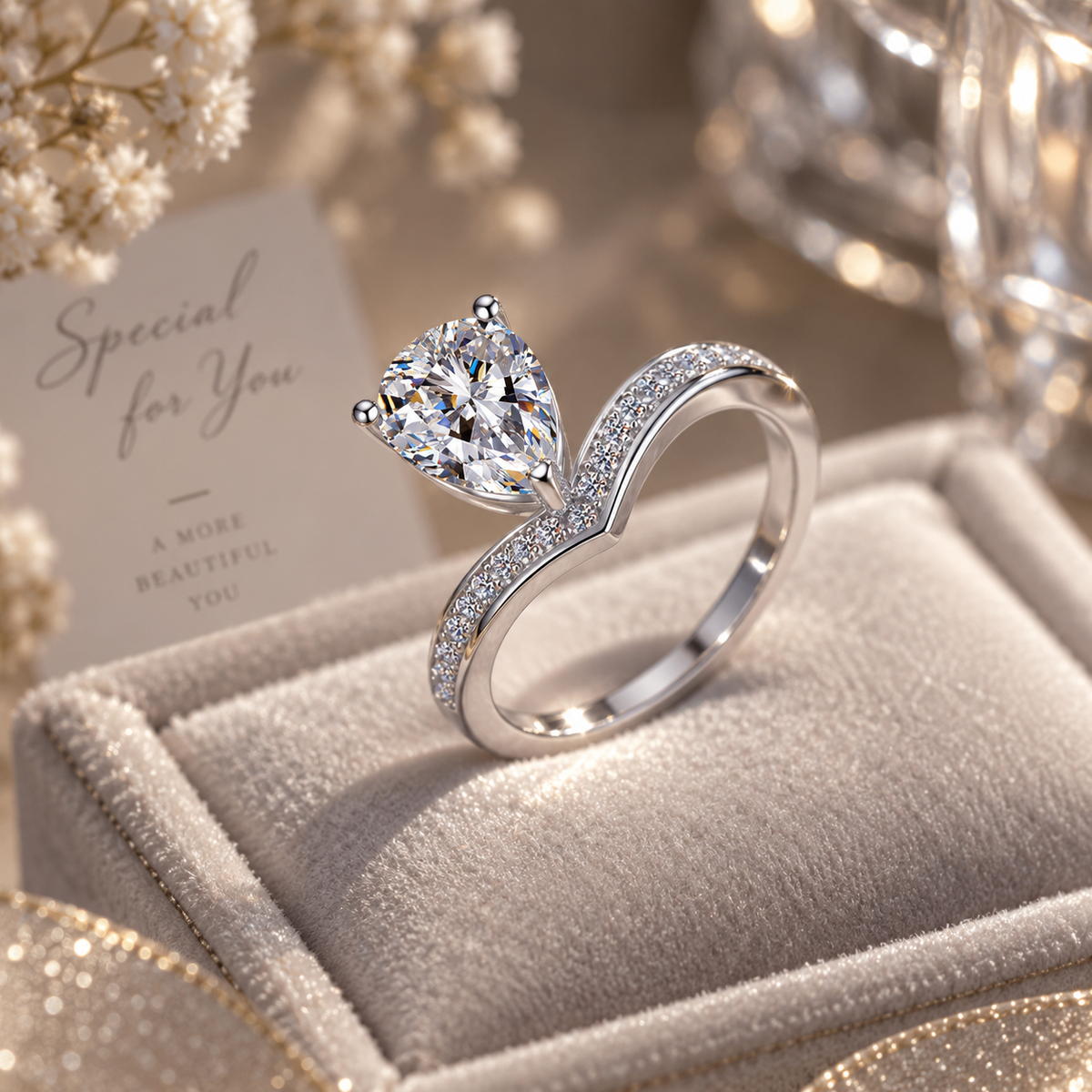 925 Sterling Silver Pear Cut Cubic Zirconia V-Shaped Engagement Ring for Women – Teardrop Halo Promise Ring