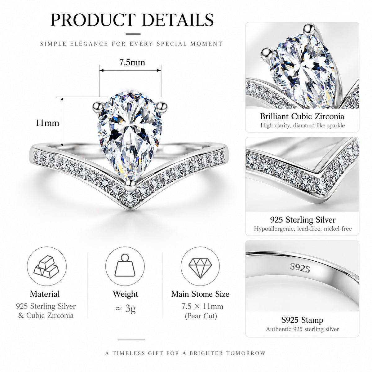 925 Sterling Silver Pear Cut Cubic Zirconia V-Shaped Engagement Ring for Women – Teardrop Halo Promise Ring