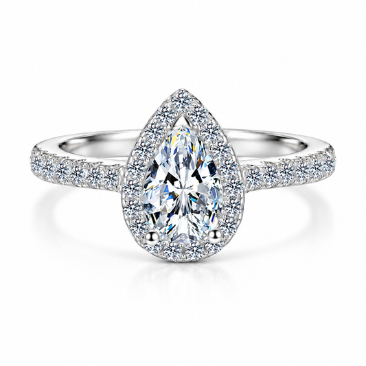 925 Sterling Silver Pear Cut Cubic Zirconia Halo Engagement Ring for Women – Teardrop Bridal Promise Ring