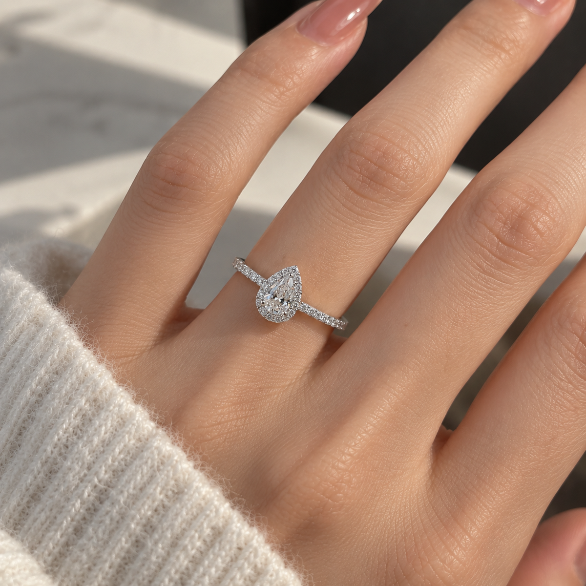 925 Sterling Silver Pear Cut Cubic Zirconia Halo Engagement Ring for Women – Teardrop Bridal Promise Ring