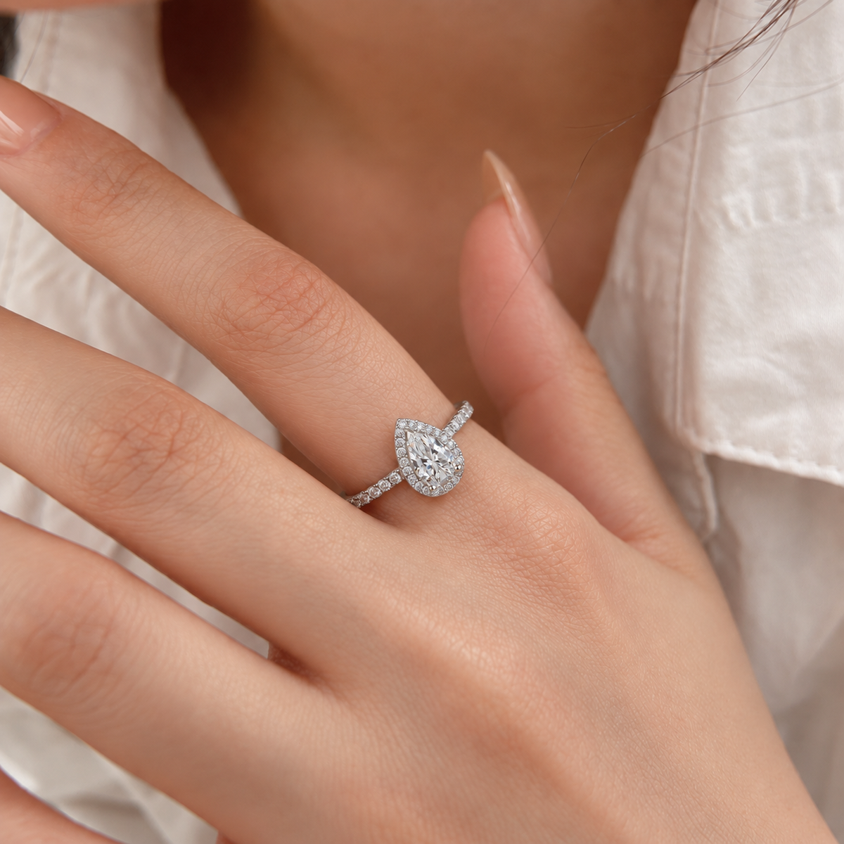 925 Sterling Silver Pear Cut Cubic Zirconia Halo Engagement Ring for Women – Teardrop Bridal Promise Ring
