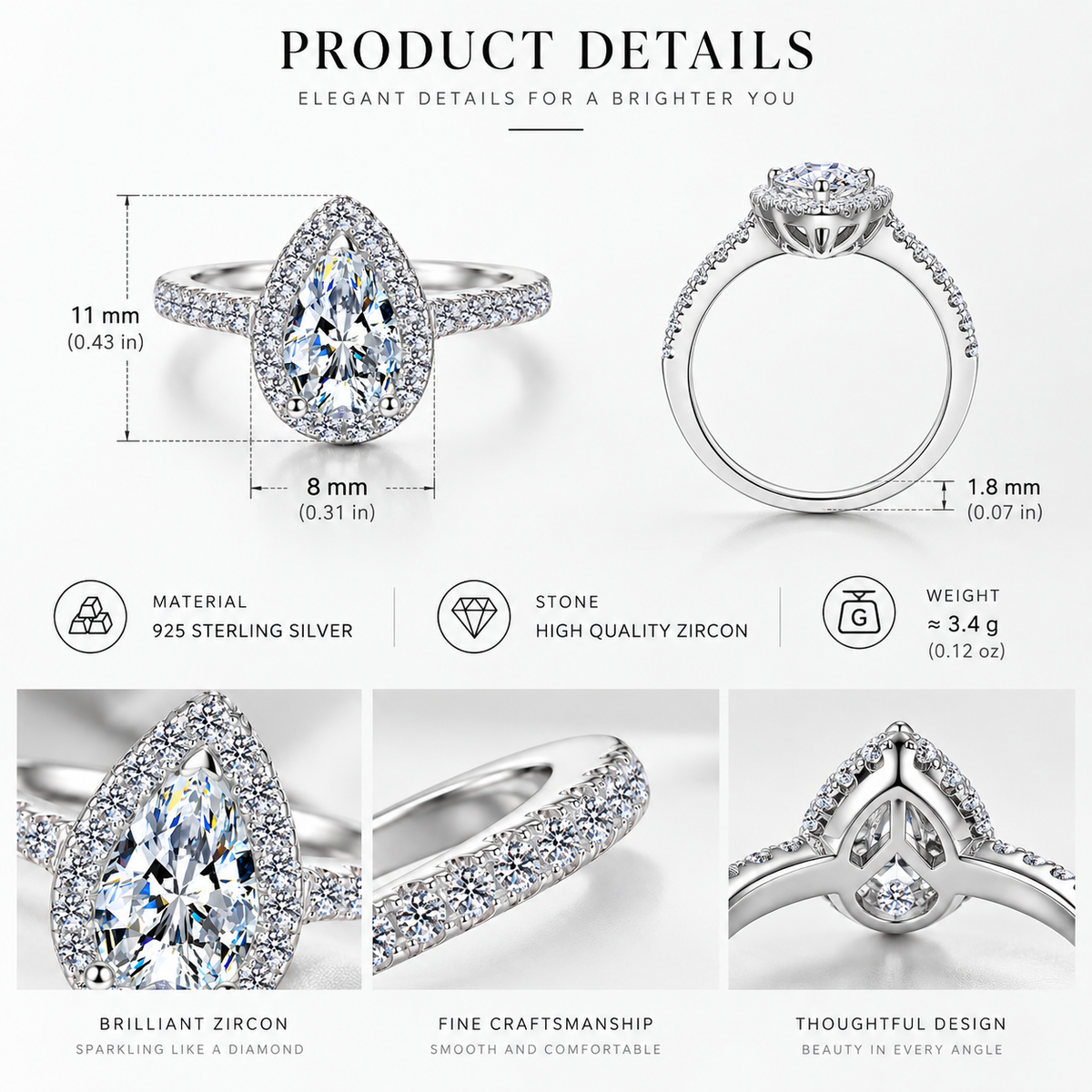 925 Sterling Silver Pear Cut Cubic Zirconia Halo Engagement Ring for Women – Teardrop Bridal Promise Ring