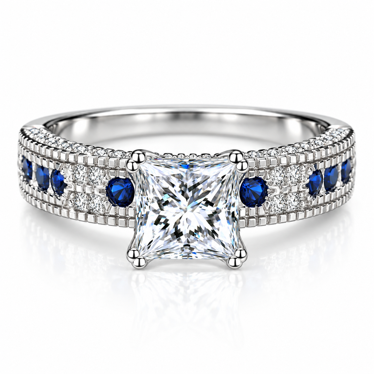 925 Sterling Silver Princess Cut CZ Ring with Blue Cubic Zirconia Accents for Women – Something Blue Engagement & Promise Ring
