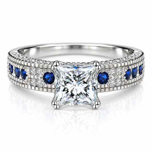 925 Sterling Silver Princess Cut CZ Ring with Blue Cubic Zirconia Accents for Women – Something Blue Engagement & Promise Ring