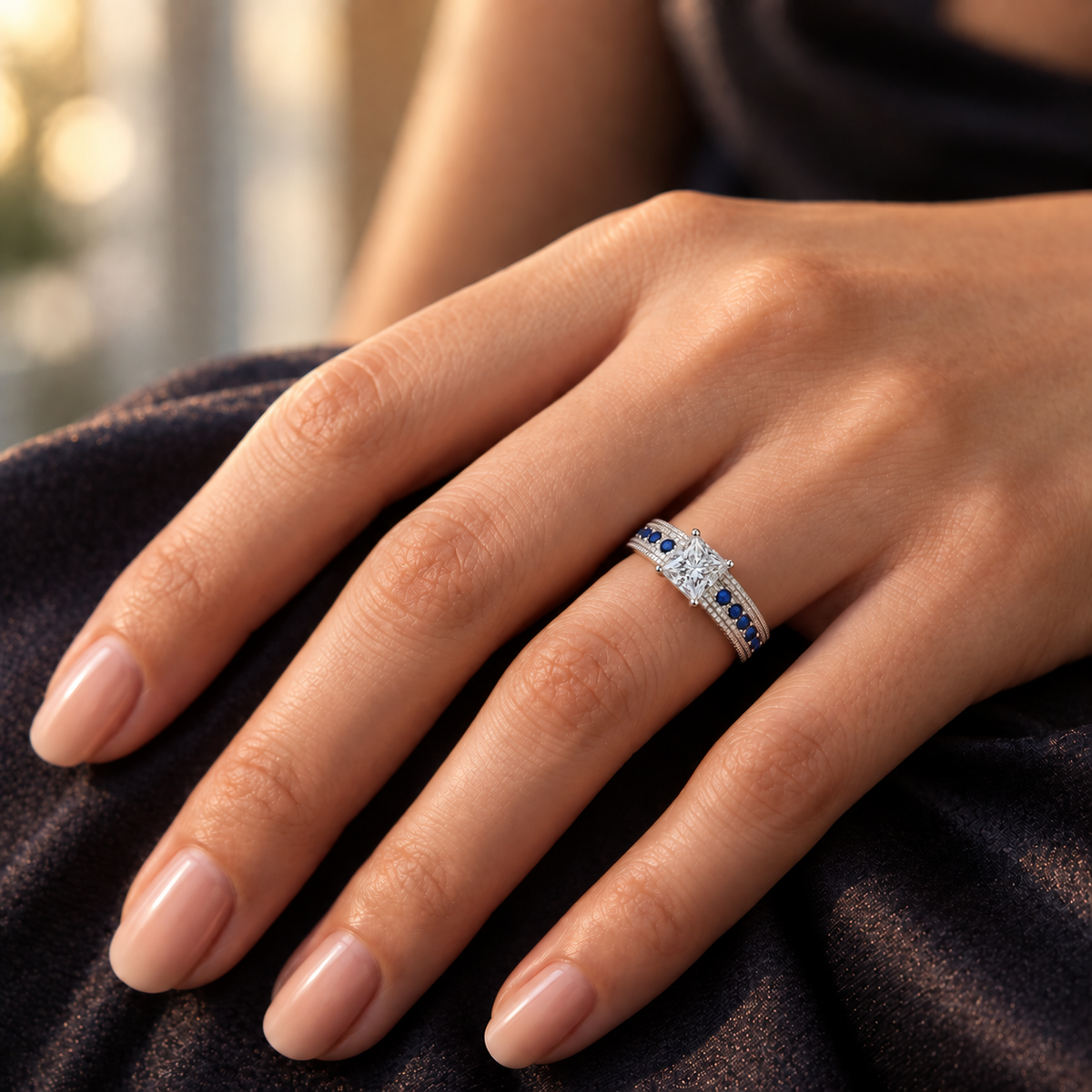 925 Sterling Silver Princess Cut CZ Ring with Blue Cubic Zirconia Accents for Women – Something Blue Engagement & Promise Ring