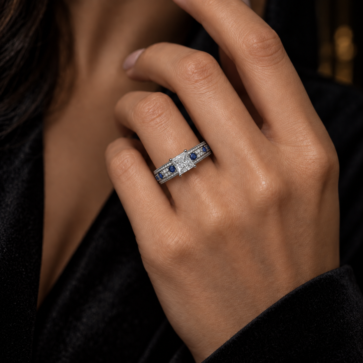 925 Sterling Silver Princess Cut CZ Ring with Blue Cubic Zirconia Accents for Women – Something Blue Engagement & Promise Ring