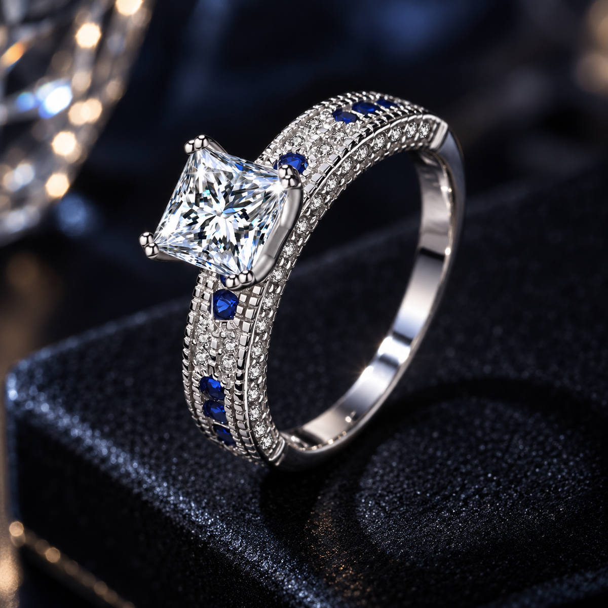 925 Sterling Silver Princess Cut CZ Ring with Blue Cubic Zirconia Accents for Women – Something Blue Engagement & Promise Ring