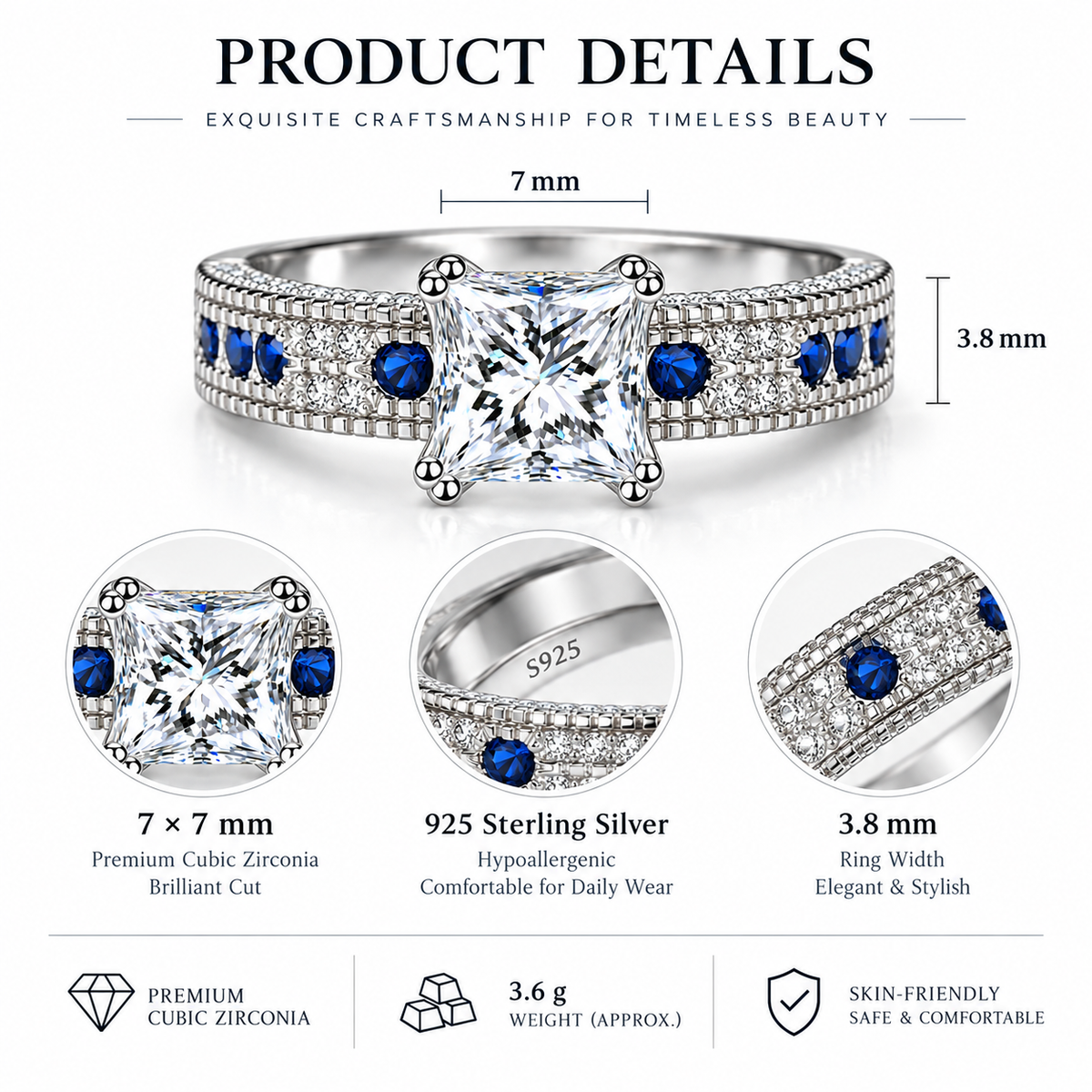 925 Sterling Silver Princess Cut CZ Ring with Blue Cubic Zirconia Accents for Women – Something Blue Engagement & Promise Ring