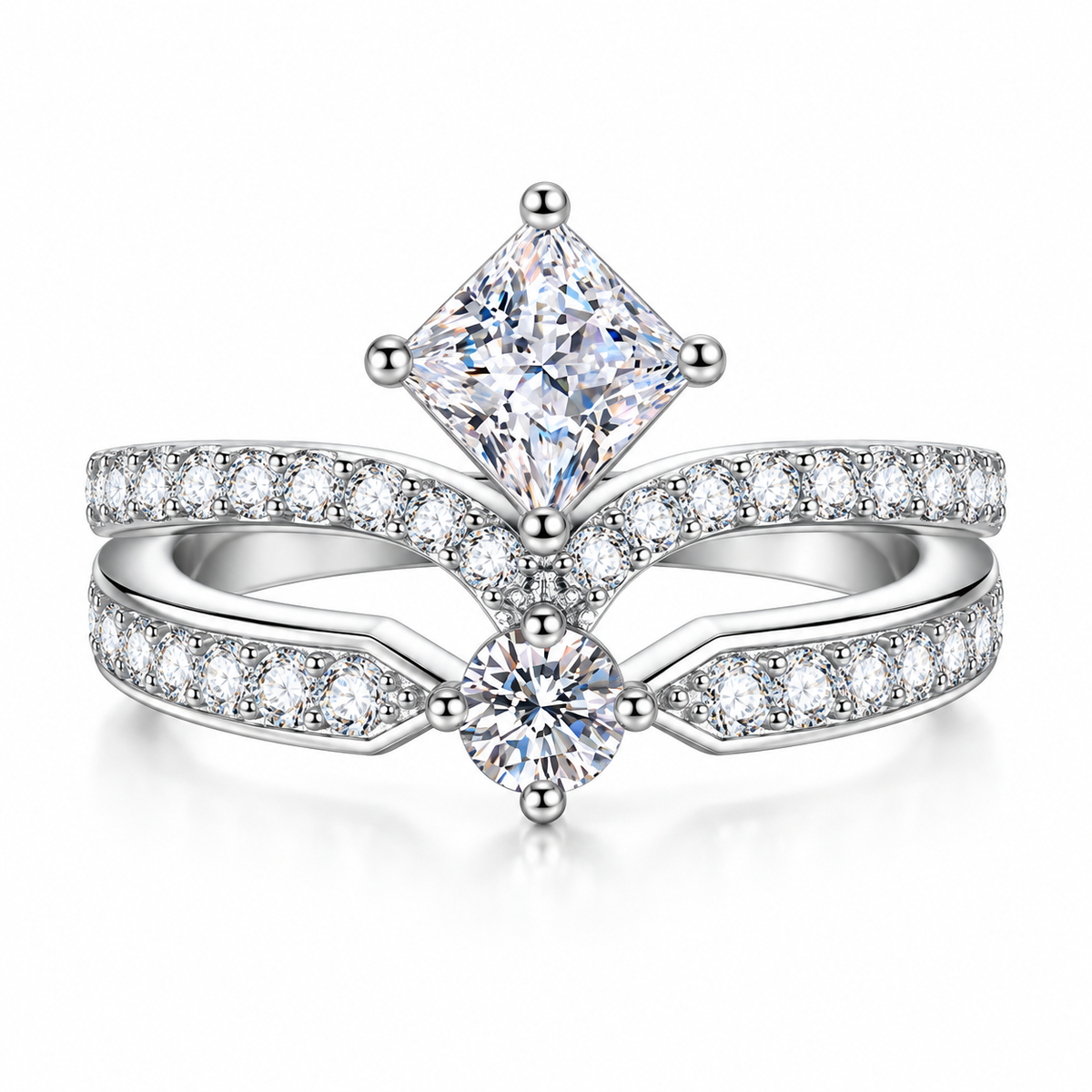 925 Sterling Silver Princess Cut & Round CZ Bridal Ring Set for Women – Two-Piece Wedding & Engagement Rings