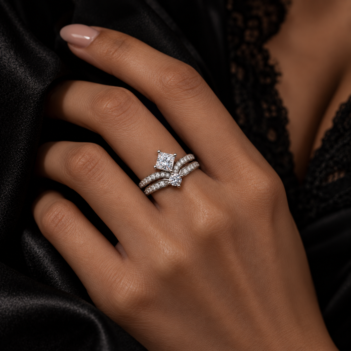 925 Sterling Silver Princess Cut & Round CZ Bridal Ring Set for Women – Two-Piece Wedding & Engagement Rings
