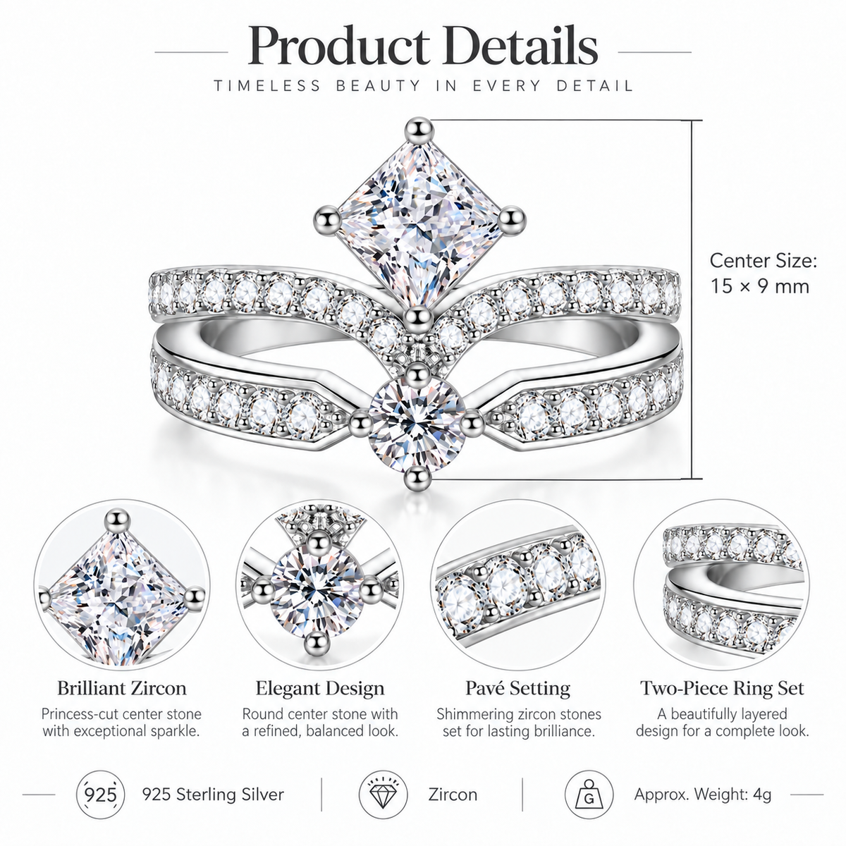 925 Sterling Silver Princess Cut & Round CZ Bridal Ring Set for Women – Two-Piece Wedding & Engagement Rings