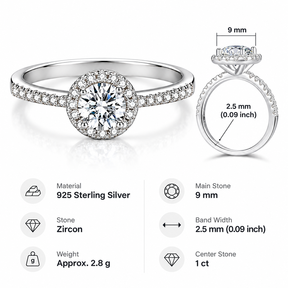 925 Sterling Silver Round Cut Halo Cubic Zirconia Engagement Ring for Women – Sparkling Promise Wedding Band