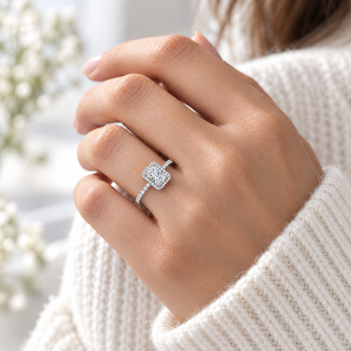 925 Sterling Silver Radiant Cut Halo Cubic Zirconia Engagement Ring for Women – Sparkling CZ Promise Ring