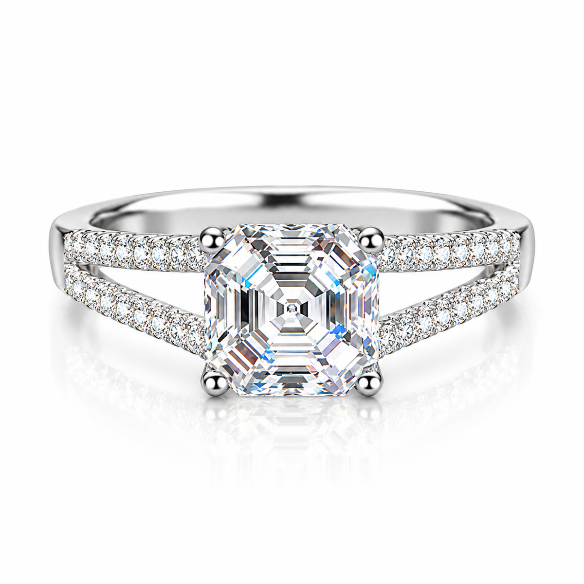 925 Sterling Silver Asscher Cut Cubic Zirconia Engagement Ring for Women – Split Shank CZ Promise Ring