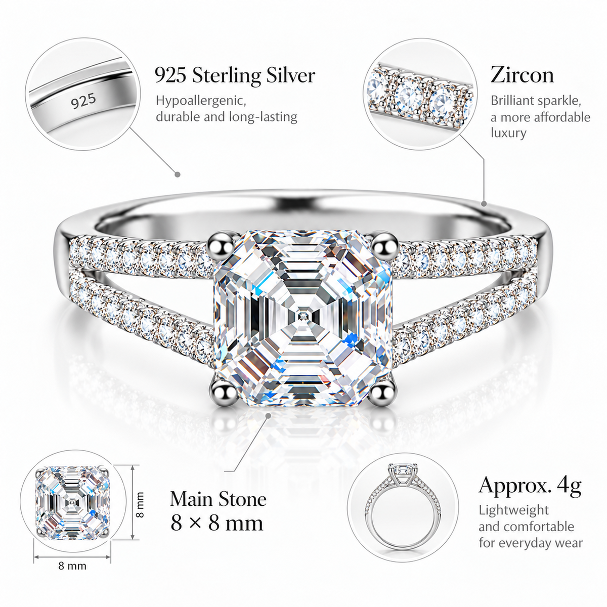 925 Sterling Silver Asscher Cut Cubic Zirconia Engagement Ring for Women – Split Shank CZ Promise Ring