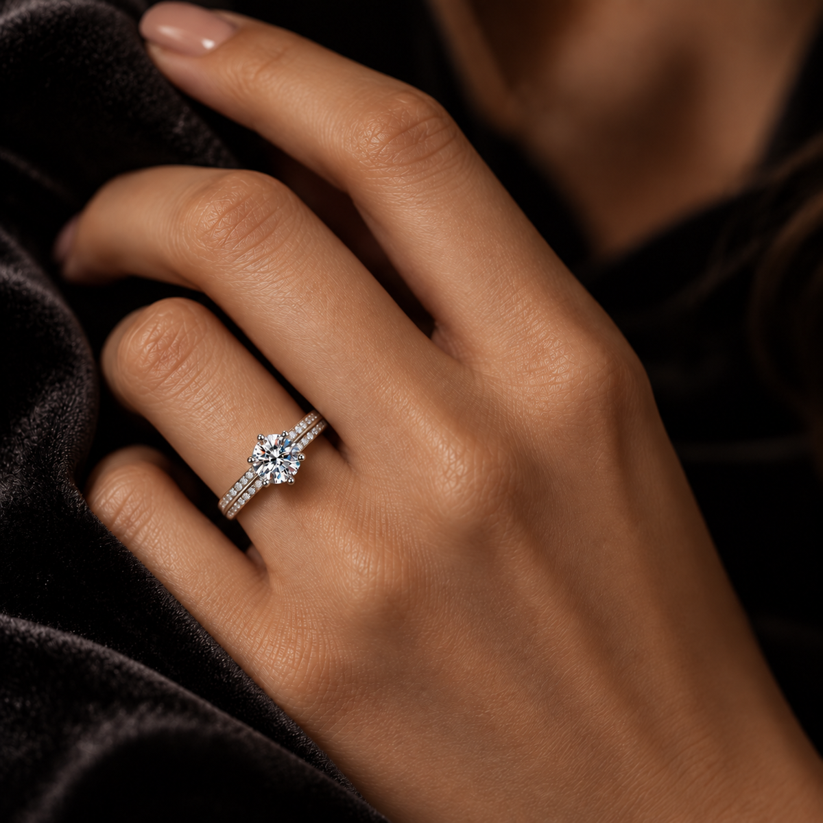 925 Sterling Silver Round Cut Cubic Zirconia Engagement Ring for Women – Double Row Pavé CZ Promise Ring