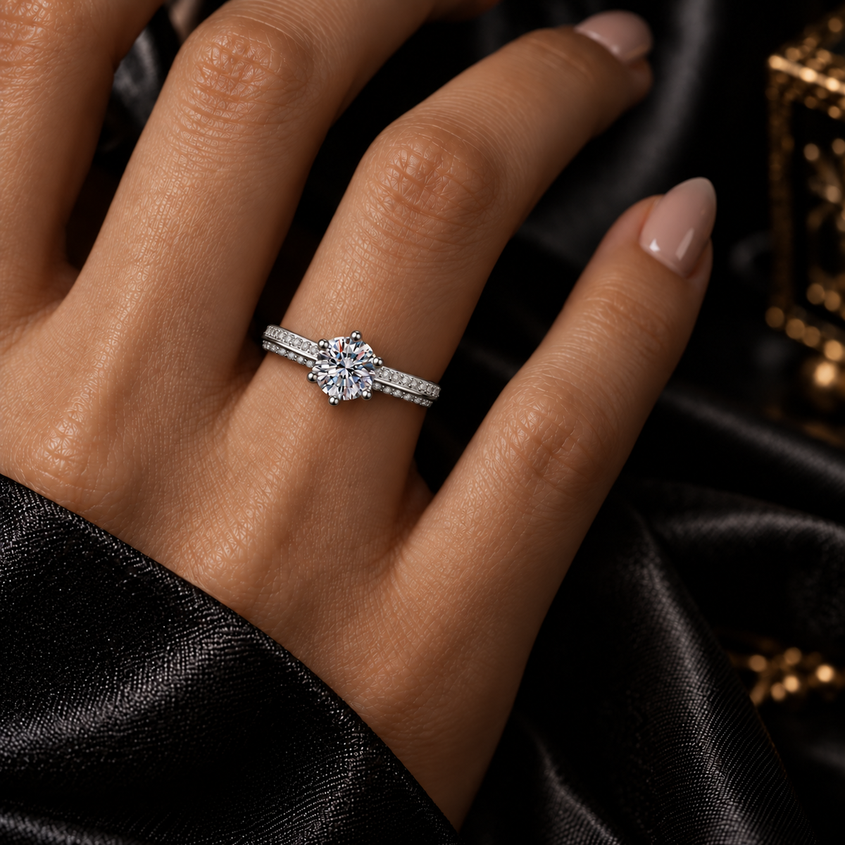 925 Sterling Silver Round Cut Cubic Zirconia Engagement Ring for Women – Double Row Pavé CZ Promise Ring