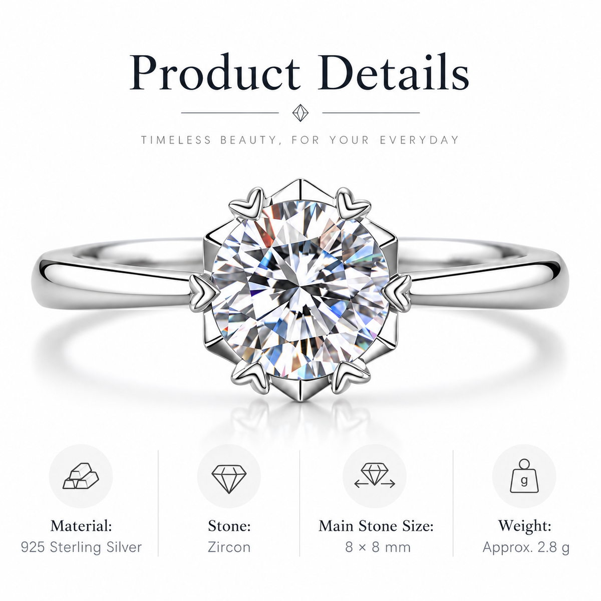 Round Cut CZ Engagement Ring for Women – 925 Sterling Silver Heart Prong Solitaire Ring