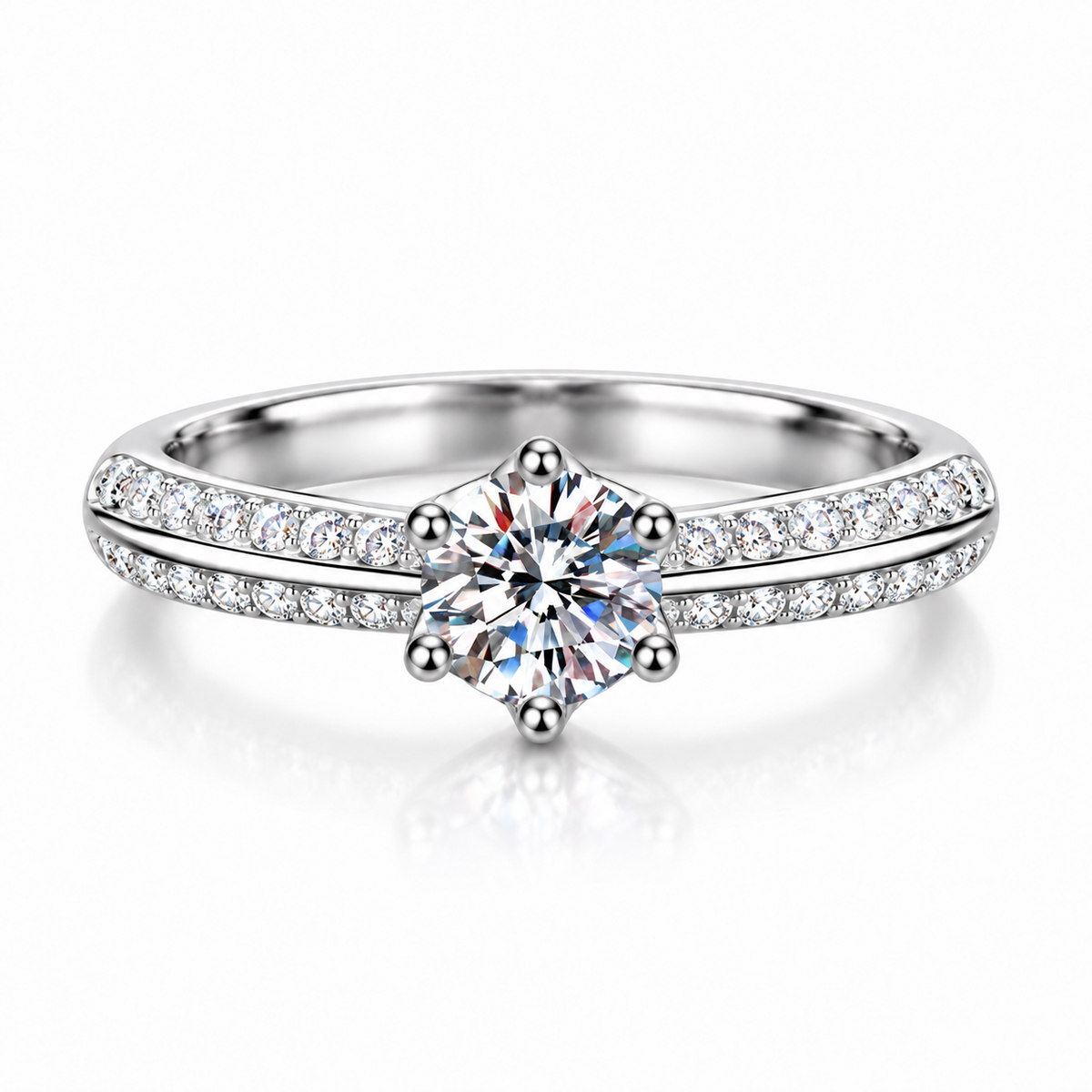 925 Sterling Silver Round Cut Cubic Zirconia Engagement Ring for Women – Double Row Pavé CZ Promise Ring