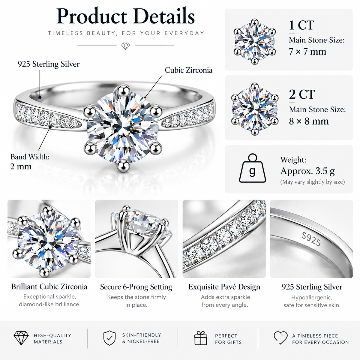 925 Sterling Silver CZ Engagement Ring for Women – 1CT/2CT Round Cut 6-Prong Pavé Ring