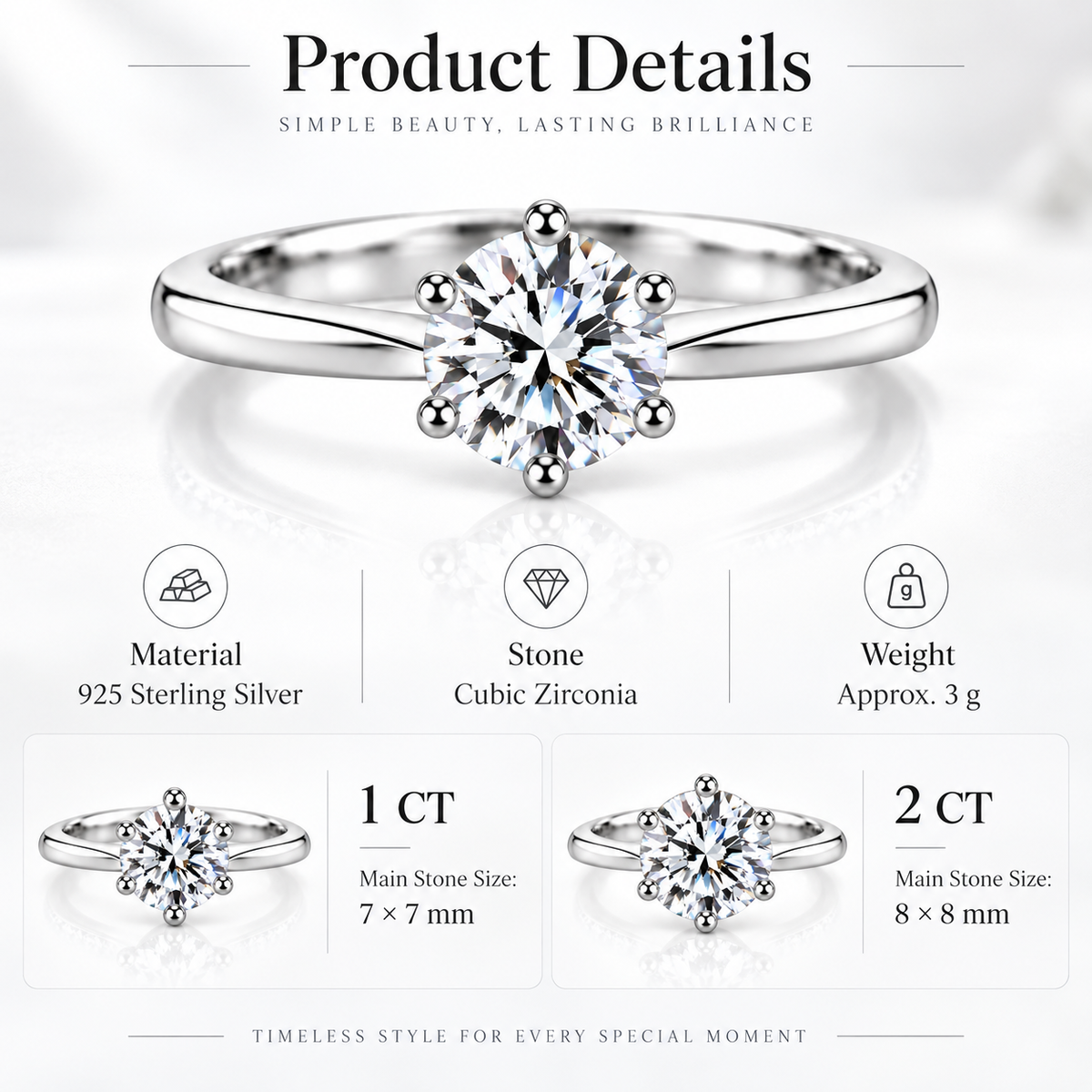 1CT 2CT CZ Engagement Ring for Women – 925 Sterling Silver Round Cut 6-Prong Promise Wedding Ring