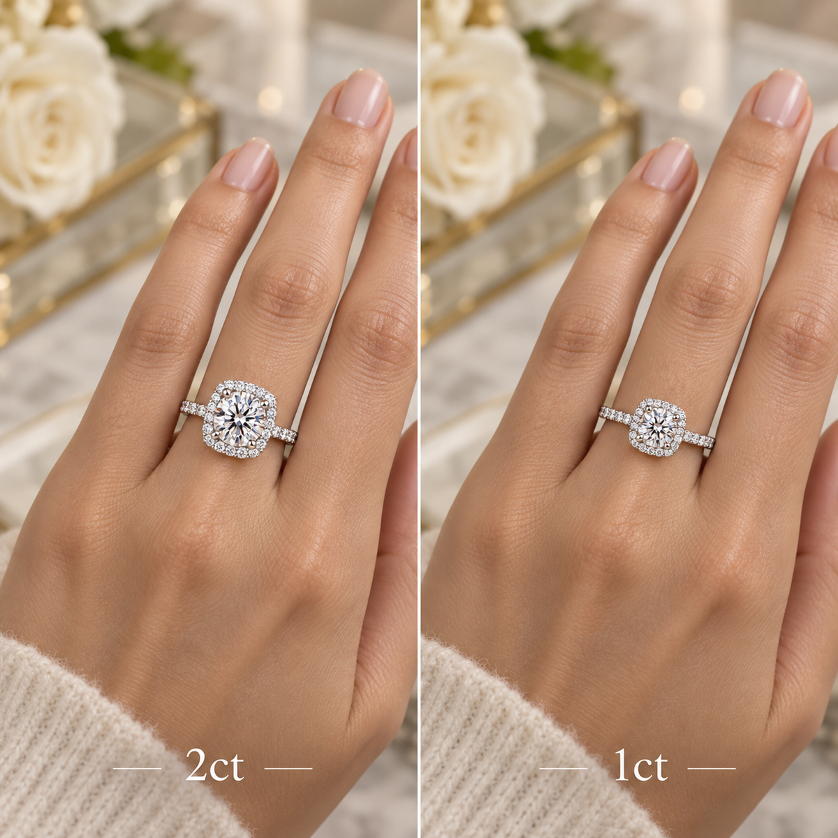 1CT/2CT Round Cut Cubic Zirconia Halo Engagement Ring for Women – 925 Sterling Silver Pavé Ring