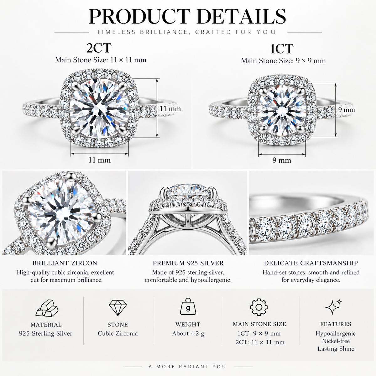1CT/2CT Round Cut Cubic Zirconia Halo Engagement Ring for Women – 925 Sterling Silver Pavé Ring