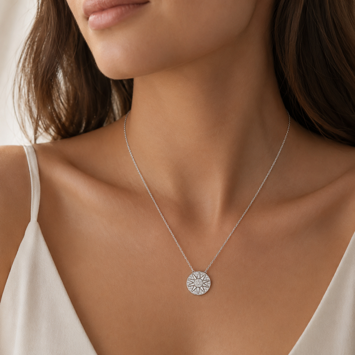 925 Sterling Silver Sunburst Cubic Zirconia Pendant Necklace for Women