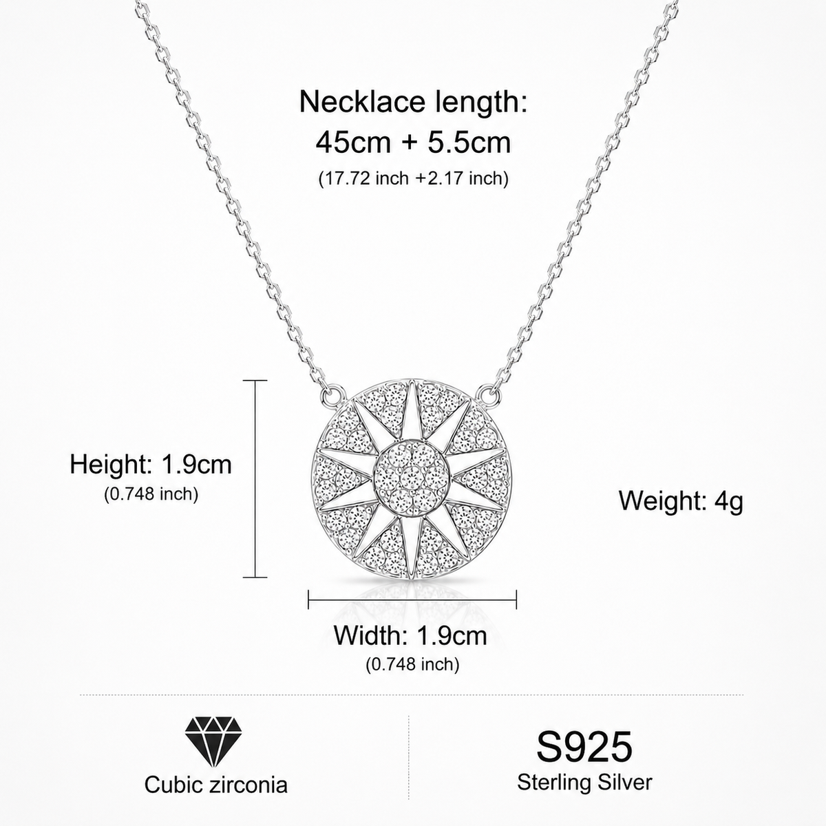925 Sterling Silver Sunburst Cubic Zirconia Pendant Necklace for Women