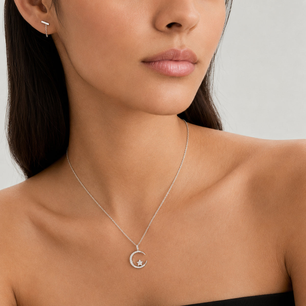 925 Sterling Silver Crescent Moon & Star Necklace – Sparkling CZ Gift for Women