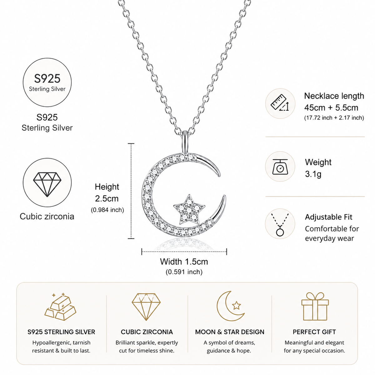 925 Sterling Silver Crescent Moon & Star Necklace – Sparkling CZ Gift for Women