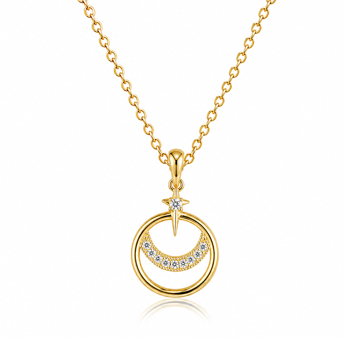 925 Sterling Silver Crescent Moon & Star Cubic Zirconia Pendant Necklace for Women