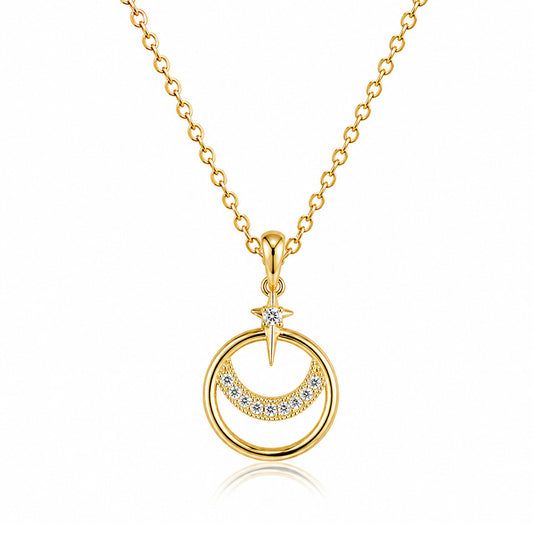 925 Sterling Silver Crescent Moon & Star Cubic Zirconia Pendant Necklace for Women