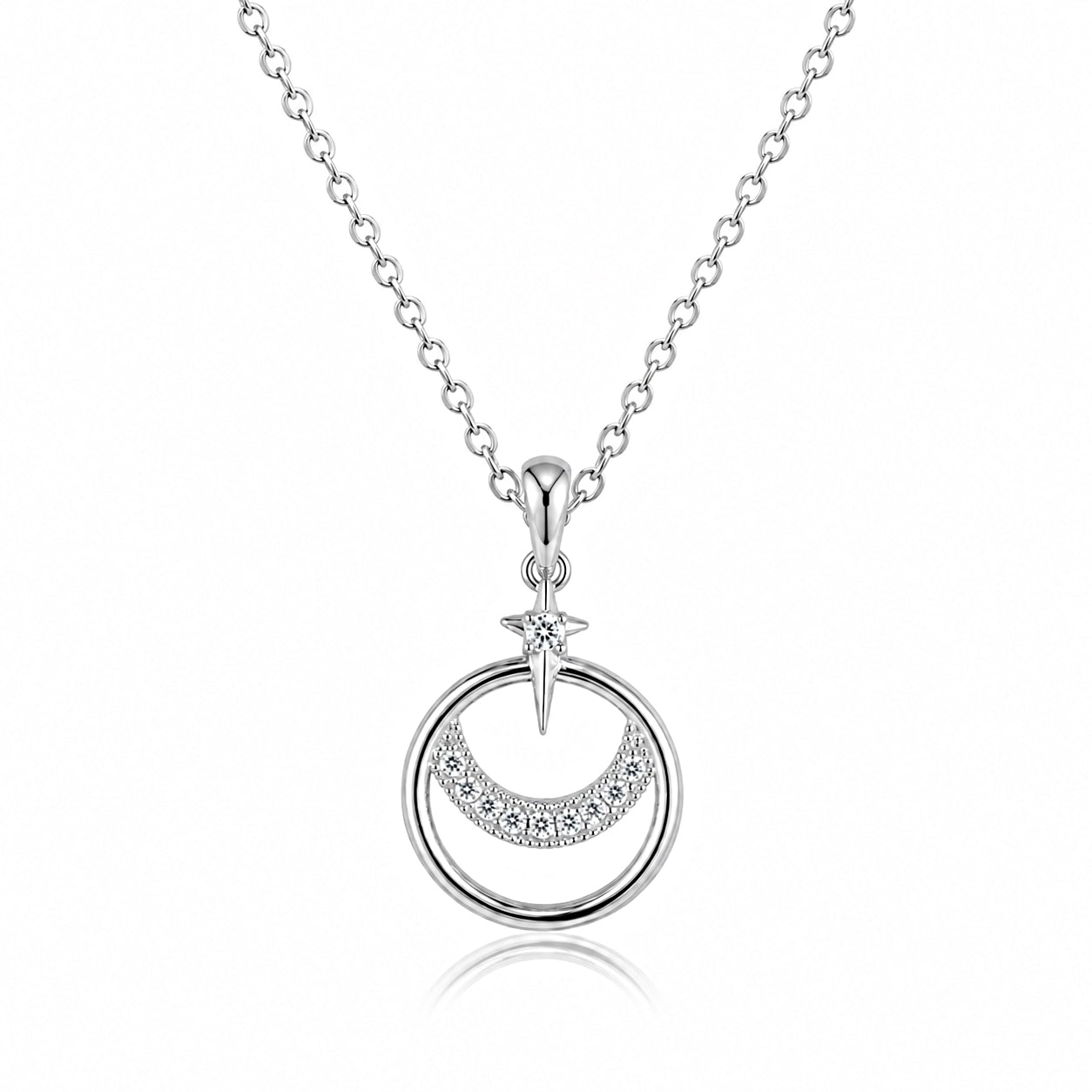 925 Sterling Silver Crescent Moon & Star Cubic Zirconia Pendant Necklace for Women