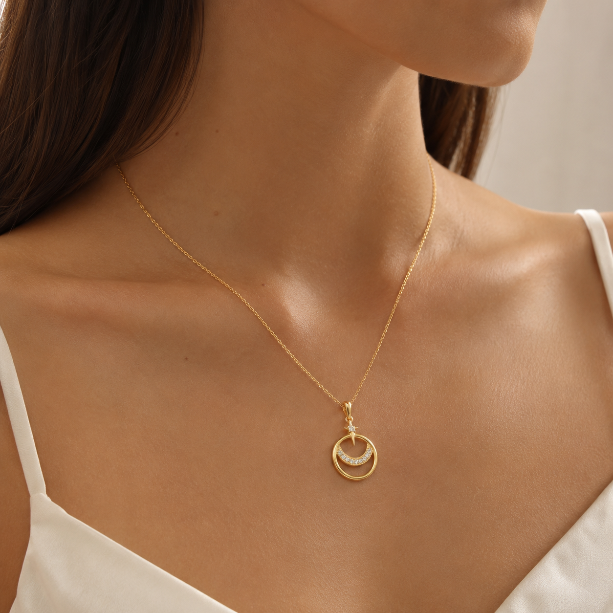 925 Sterling Silver Crescent Moon & Star Cubic Zirconia Pendant Necklace for Women