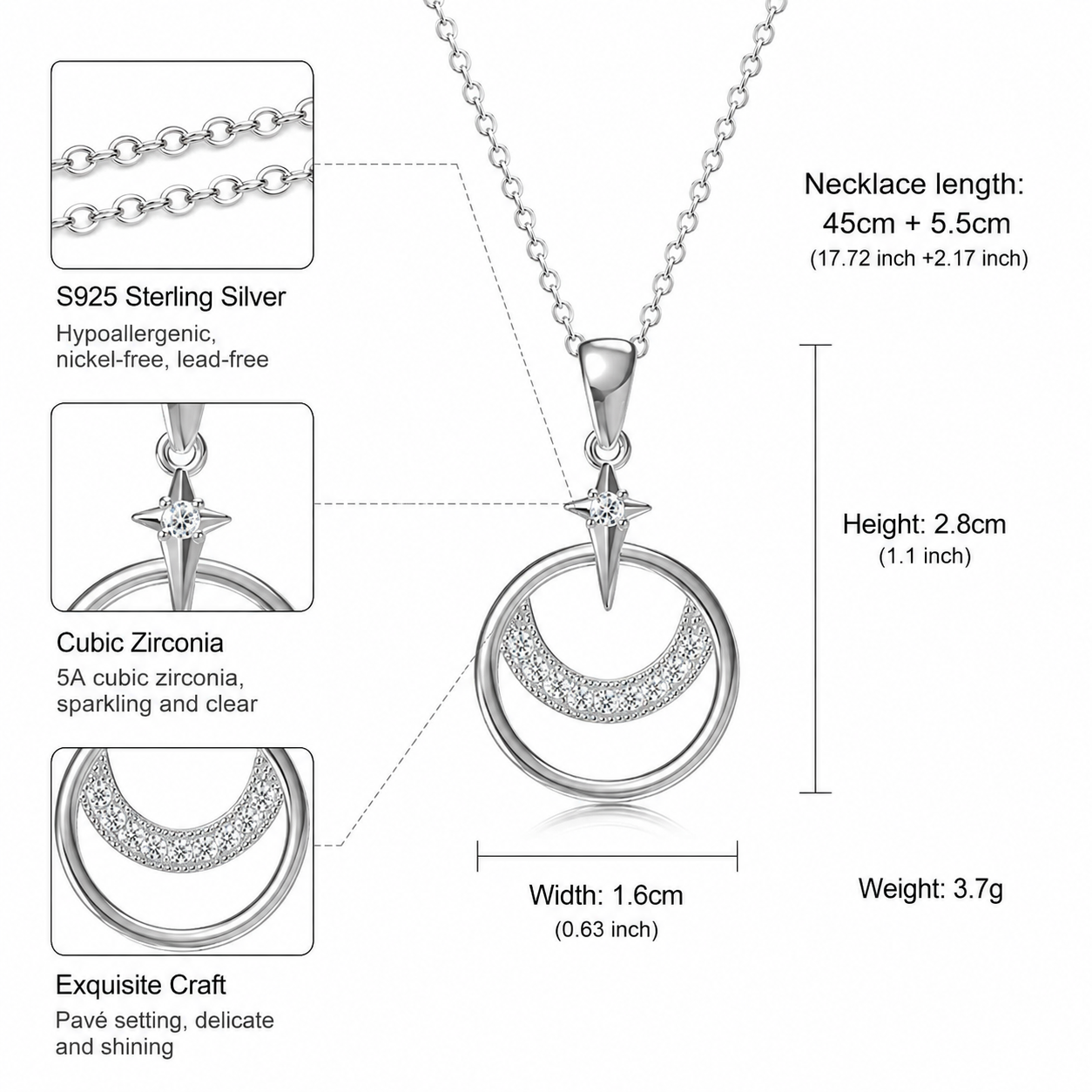 925 Sterling Silver Crescent Moon & Star Cubic Zirconia Pendant Necklace for Women